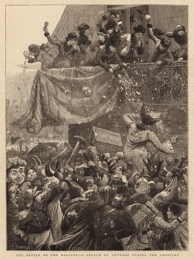 The Battle of the Balcony, a Sketch at Antwerp during the Carnival by Charles J. Staniland